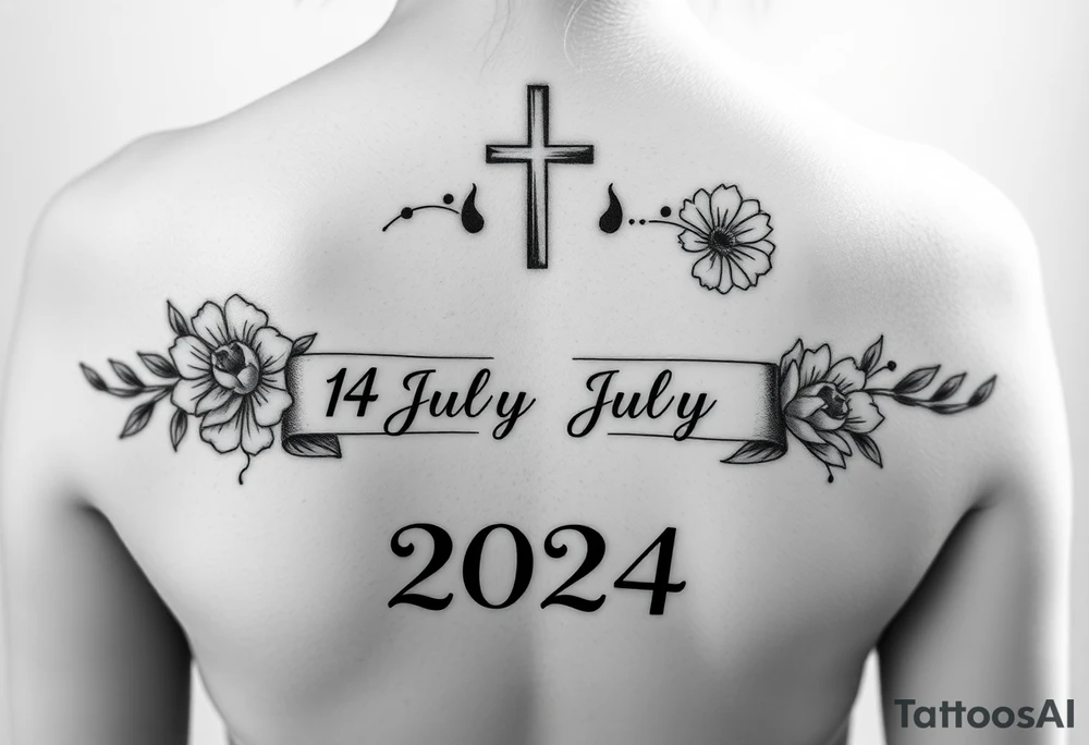Christian baptism tattoo with the date 14th of July 2024, also add a floral band design on the arm tattoo idea