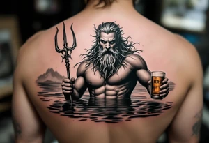 poseidon in calm water, holding a trident, holding a beer, with bare feet tattoo idea