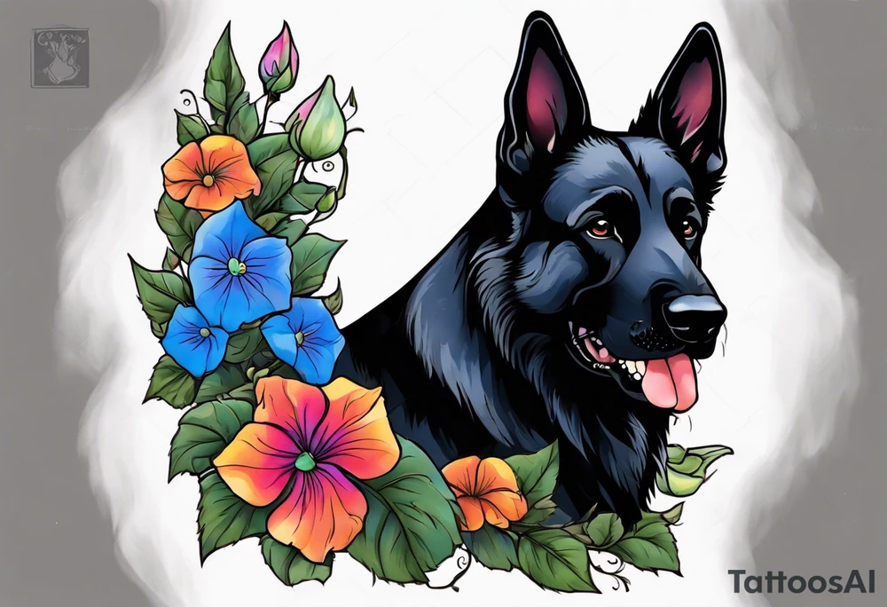Black German shepherd portrait brightly colored with morning glories tattoo idea