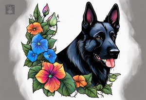 Black German shepherd portrait brightly colored with morning glories tattoo idea