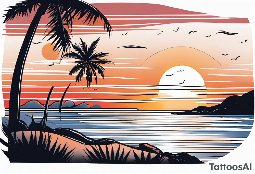 negative space linework canaba on a beach at sunset tattoo idea