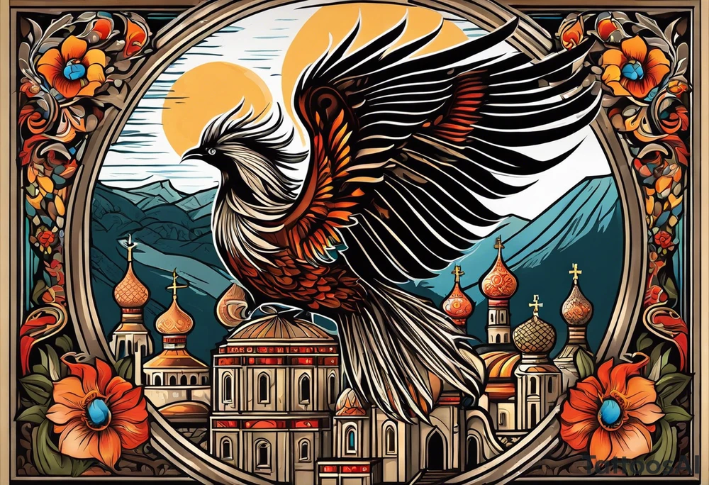 russian firebird in-flight with fancy tail and small onion cap monastery towers in background, with "Isaiah 43: 18-19" tattoo idea