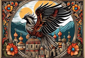 russian firebird in-flight with fancy tail and small onion cap monastery towers in background, with "Isaiah 43: 18-19" tattoo idea