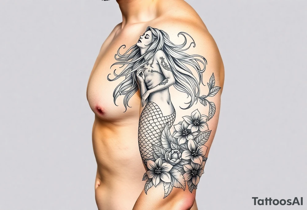 ethereal mermaid with flowing hair among coral and sea flowers tattoo idea