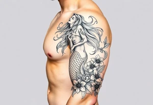 ethereal mermaid with flowing hair among coral and sea flowers tattoo idea