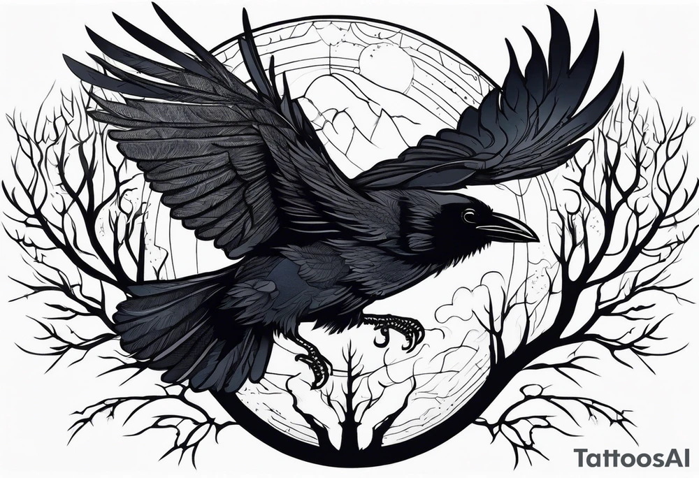 Raven diving, occult, mystical, knowing, light behind its eyes, ethereal, night sky and trees in the background tattoo idea