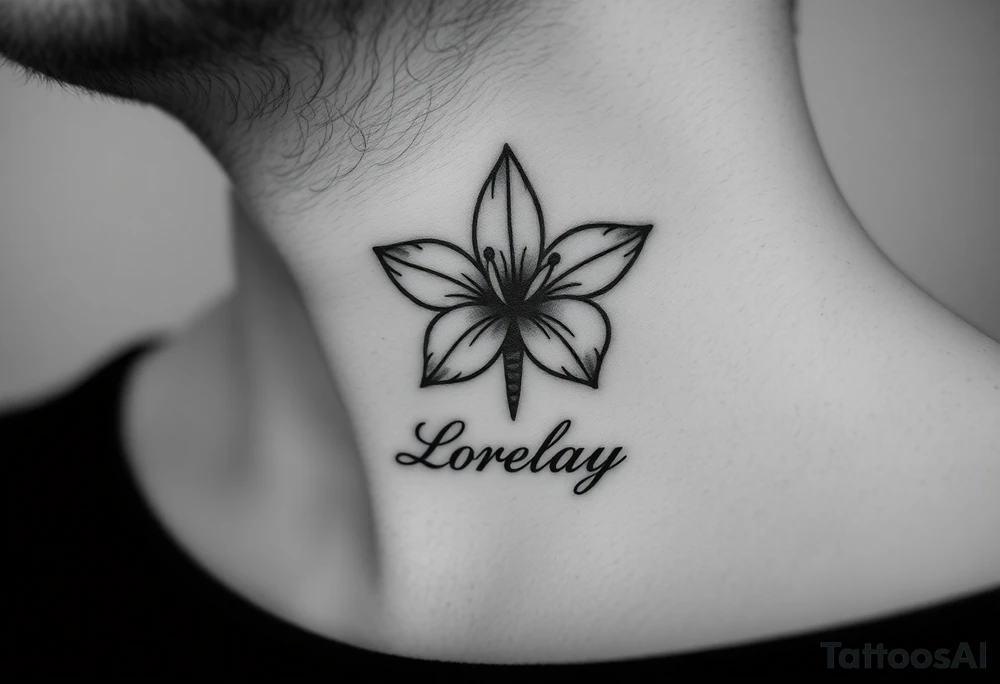 Crea un diseño significativo sobre la flor de bayahibe egipcia y que tenga el nombre escrito por de bajo del diseño el nombre de mi hermana Lorelay para la parte baja del bíceps tattoo idea