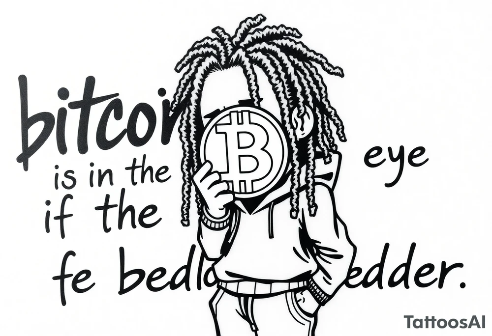 Create a tattoo stencil Use a street-art / pop-art vibe with a cartoon figure with dreadlocs holding a bitcoin to cover his eyes have bold lines, “x” for eyes. make them have on a hoodie and jogger sweatpants have in the background in graffiti letters “bitcoin is in the eye of the beholder” tattoo idea