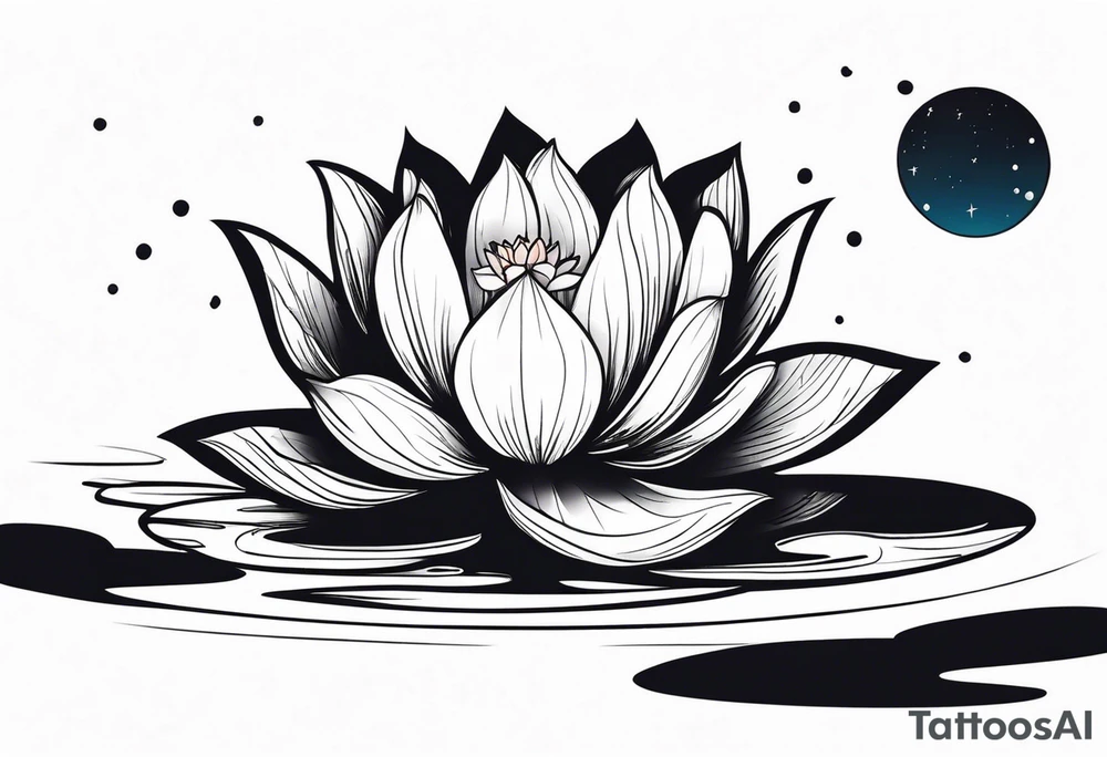 Single Vibrant colorful lotus flower on the pond with the night sky in the background tattoo idea