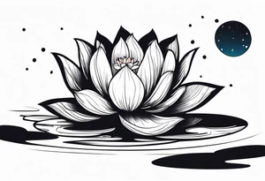 Single Vibrant colorful lotus flower on the pond with the night sky in the background tattoo idea