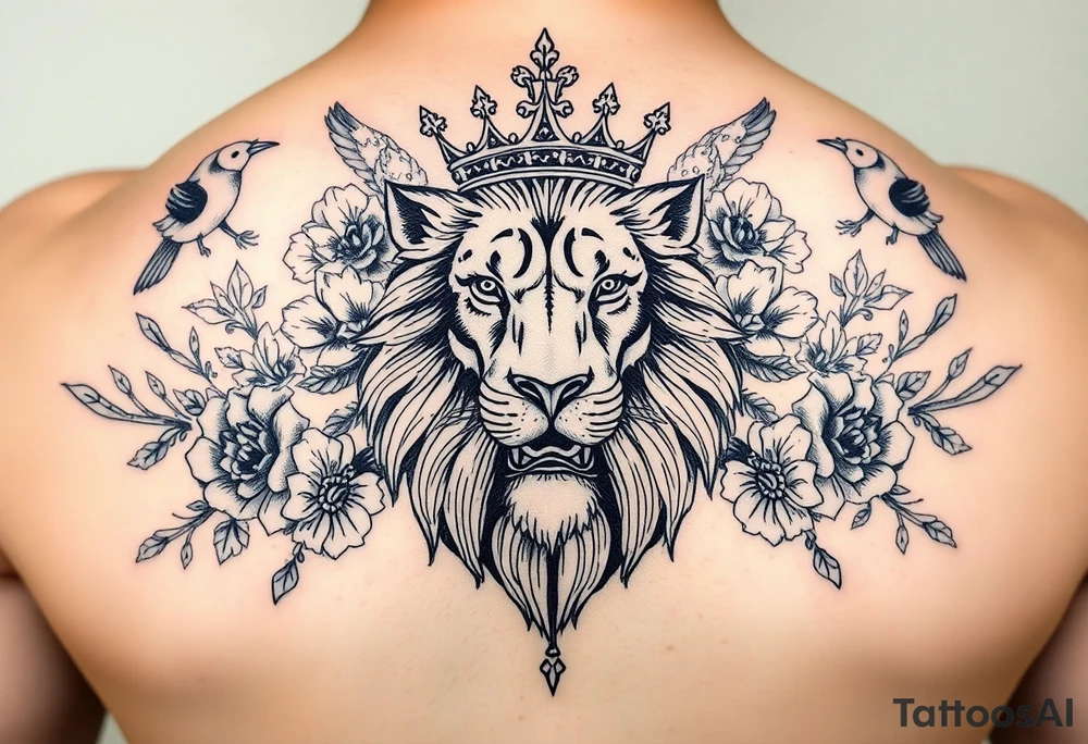 powerful majestic lion with a crown, surrounded by floral ornaments and birds tattoo idea
