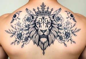 powerful majestic lion with a crown, surrounded by floral ornaments and birds tattoo idea