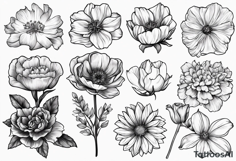 Bundle of flowers with Two carnations, Two daffodils, One snowdrop, One hawthorn flower, Two honeysuckles, One rose, One chrysanthemum, one cosmos, one marigold, one morning glory, and one aster tattoo idea