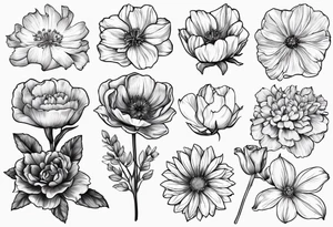 Bundle of flowers with Two carnations, Two daffodils, One snowdrop, One hawthorn flower, Two honeysuckles, One rose, One chrysanthemum, one cosmos, one marigold, one morning glory, and one aster tattoo idea