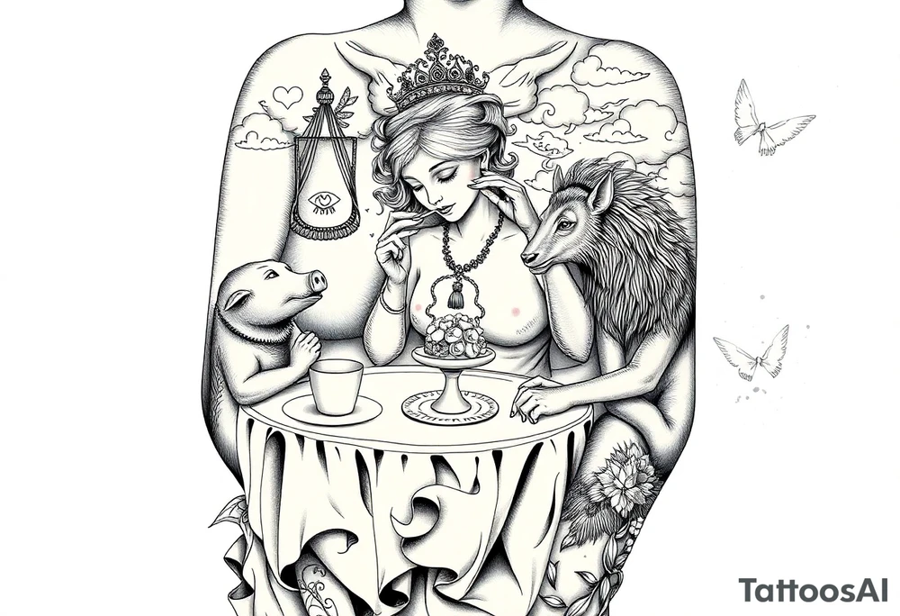 naked fat lady having a tea party with a pig, peacock, noose, lion, goat, smoking cigerettes looking in the mirror having sex with a man eating a cake thru storm clouds with knife and broken hearts and darkness tattoo idea