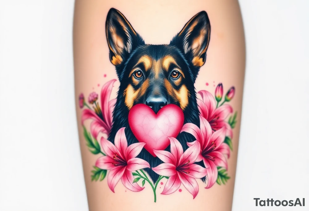 realistic german shepherd looking protective with pink lilies in front of a sacred heart symbol tattoo idea
