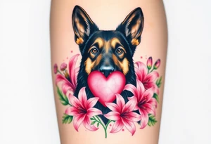 realistic german shepherd looking protective with pink lilies in front of a sacred heart symbol tattoo idea