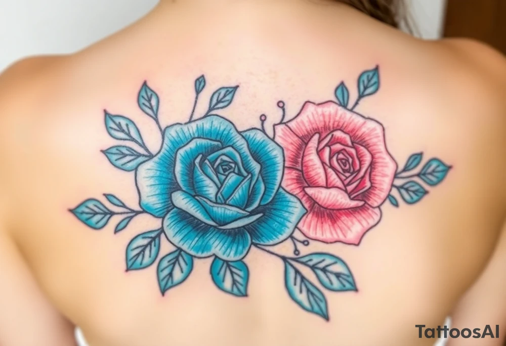 aquamarine color and rose color surrounded by lt. siam color tattoo idea