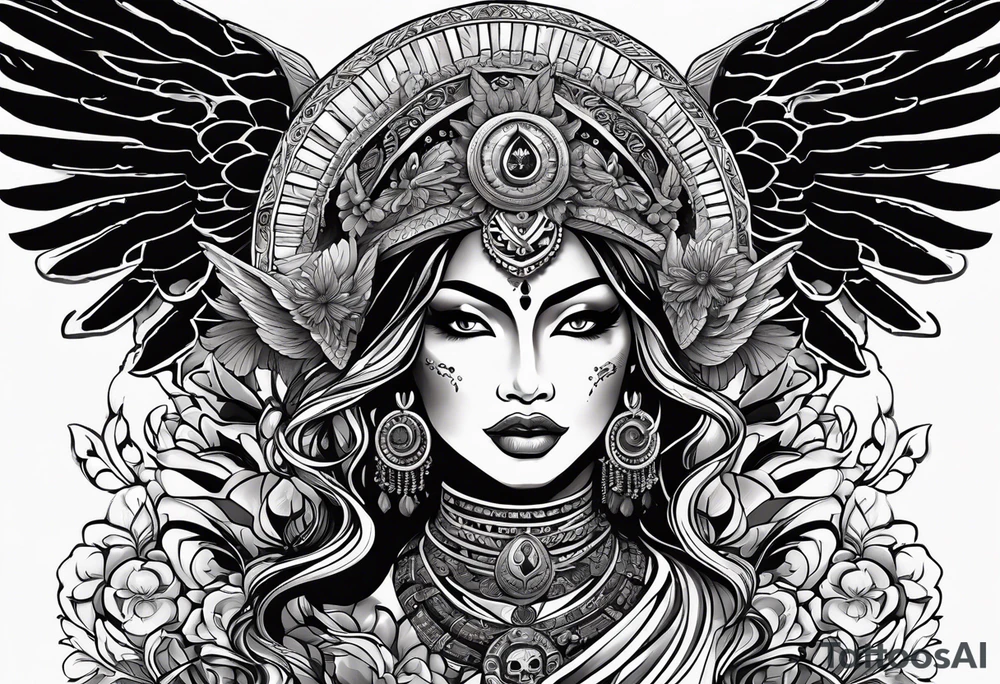black kali, goddess pirate, alien, angel, pachamama, valkrye, warrior, flying, skull, lotus azul, wing, eagle, zenza resonance, stars, 5D, anahata chakra, death, durga, riding on a tiger, flying lady, kundalini, chest tatoo, rebel tattoo idea
