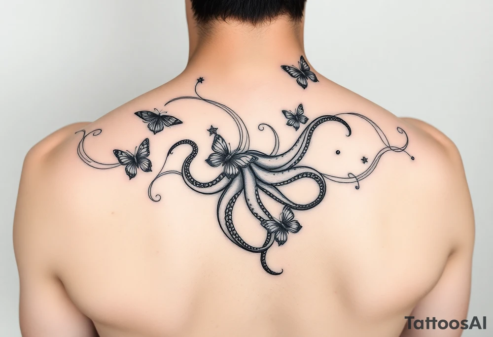 abstract tattoo design, flowing black fine lines, elegant minimalistic linework, psychedelic swirls like gasoline or oil floating on water, iridescent texture implied but in pure black ink, delicate organic curves, vapor-like trails, non-literal and surreal, suggestion of an octopus hidden in fluid tentacle-like lines, not a real octopus, just subtle illusion, abstract marine motion, with minimalist butterflies and flowers seamlessly integrated into the flowing pattern, modern feminine tattoo style, graceful and airy, inspired by Pis Saro and Balazs Bercsenyi, hint of nature and ocean depth, hypnotic and dreamlike, ink diffusion aesthetics, no solid fills, ethereal line-only design tattoo idea
