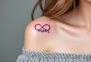 A watercolor infinity symbol in soft pinks and purples entwined with the word “Mom” reflects unending maternal devotion. tattoo idea