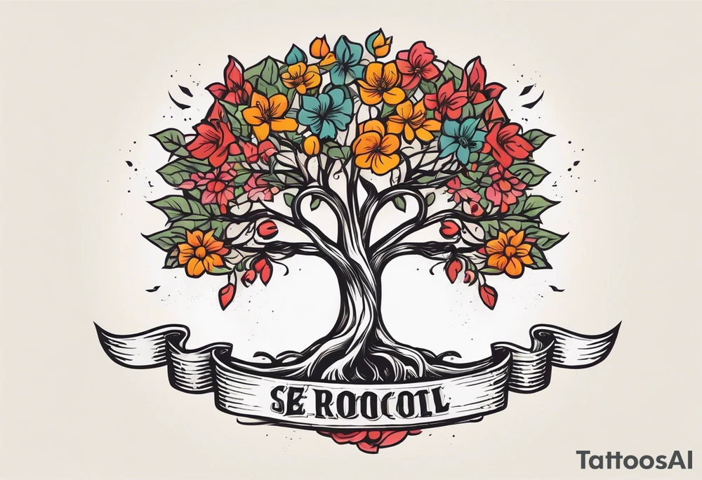 tree with roots 
and banner across

old school vintage simple traditional design with vintage flowers surrounding
bold color simple tattoo idea