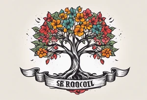tree with roots 
and banner across

old school vintage simple traditional design with vintage flowers surrounding
bold color simple tattoo idea