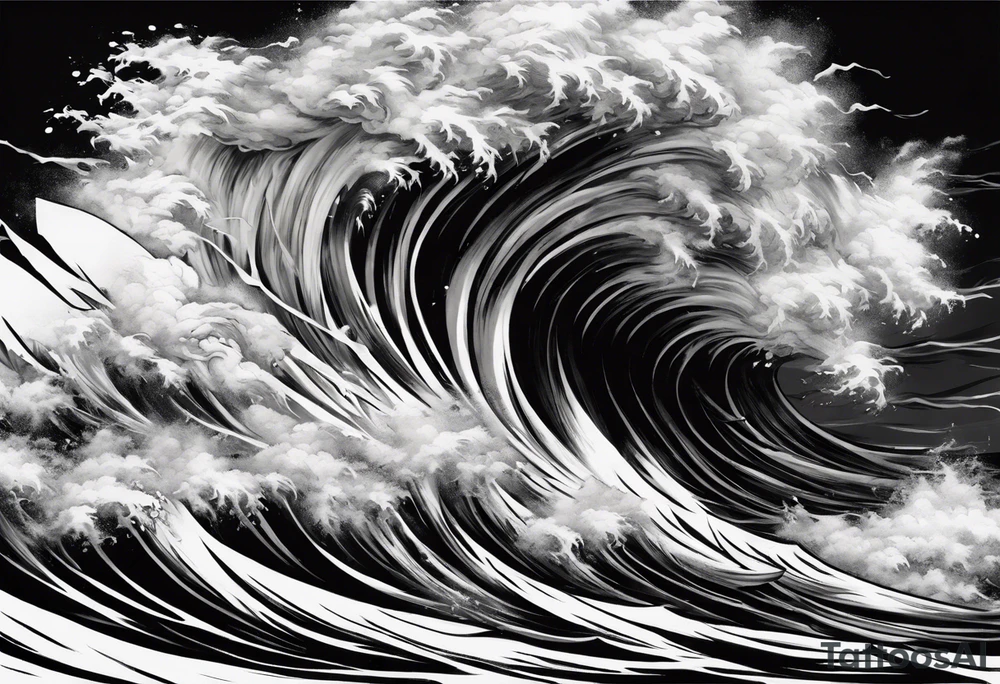 Realisitc depiction of strong wind surging. No sea. The style will be of a paint brush tattoo idea
