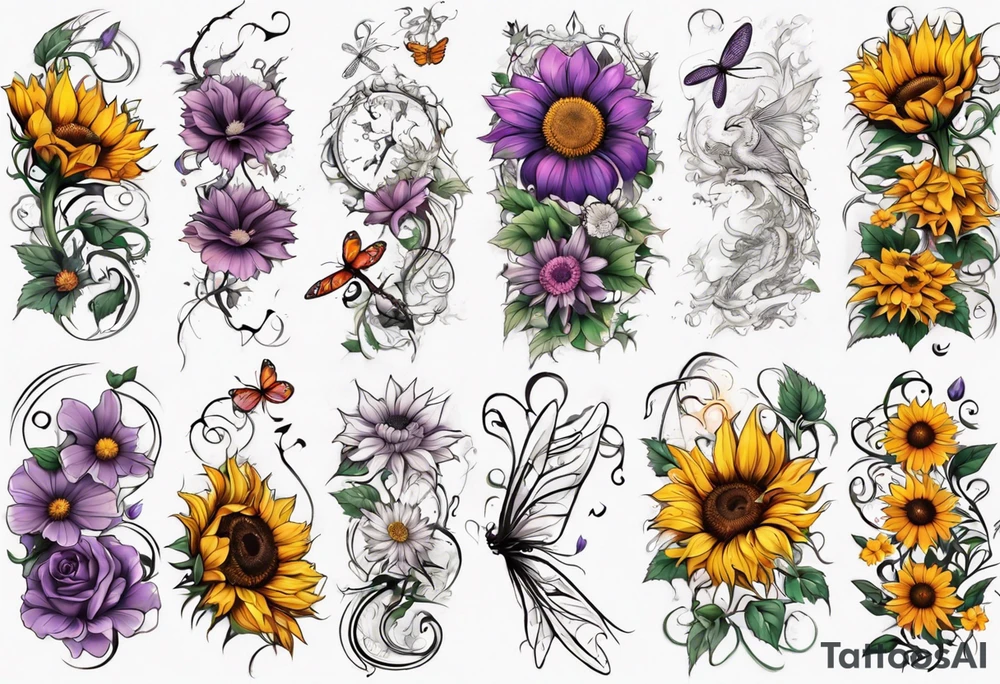 Arm sleeve, sunflowers, dragonflies, three cosmos flower, one violet, one carnation, vines , leaves and butterflies tattoo idea