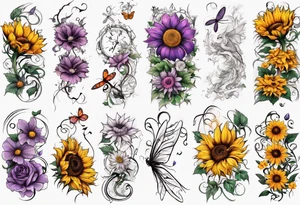Arm sleeve, sunflowers, dragonflies, three cosmos flower, one violet, one carnation, vines , leaves and butterflies tattoo idea