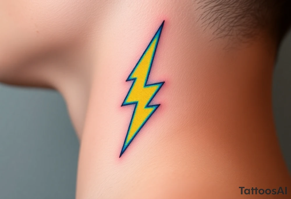 A bold, electrifying lightning bolt tattoo, designed with sharp, angular edges and a dynamic, jagged shape. The bolt glows with an intense neon yellow core, fading into electric blue at the edges, creating a powerful energy effect. tattoo idea