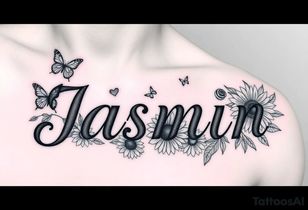 i need the name jasmin on the right side of a males chest, and with the letter “i” having a heart as the dot, and then i want some roses on the letter j and 3 sunflowers on the letter n and for it to be in cursive with some butterflies around it. I want the name on top of the flowers but for the flowers to be under the name, and i want a good amount of roses and sunflowers tattoo idea