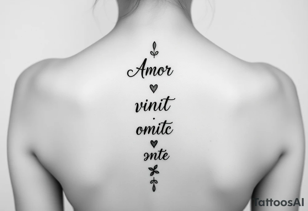 Amor vincit omnia vertically down the middle of the spine in script tattoo idea