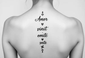 Amor vincit omnia vertically down the middle of the spine in script tattoo idea