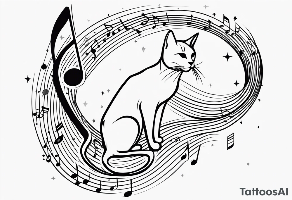 Outline of cat reaching to a music note, small tattoo idea
