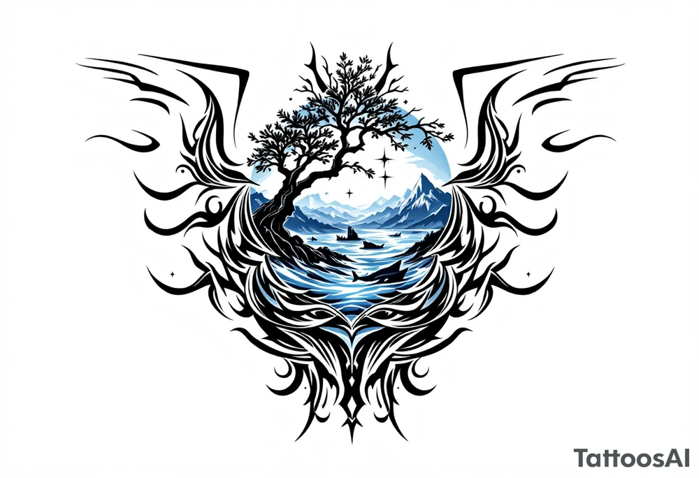 tattoo that has an acacia tree with mountains, ocean with a ship wreck with sharks and the bright northern star tattoo idea