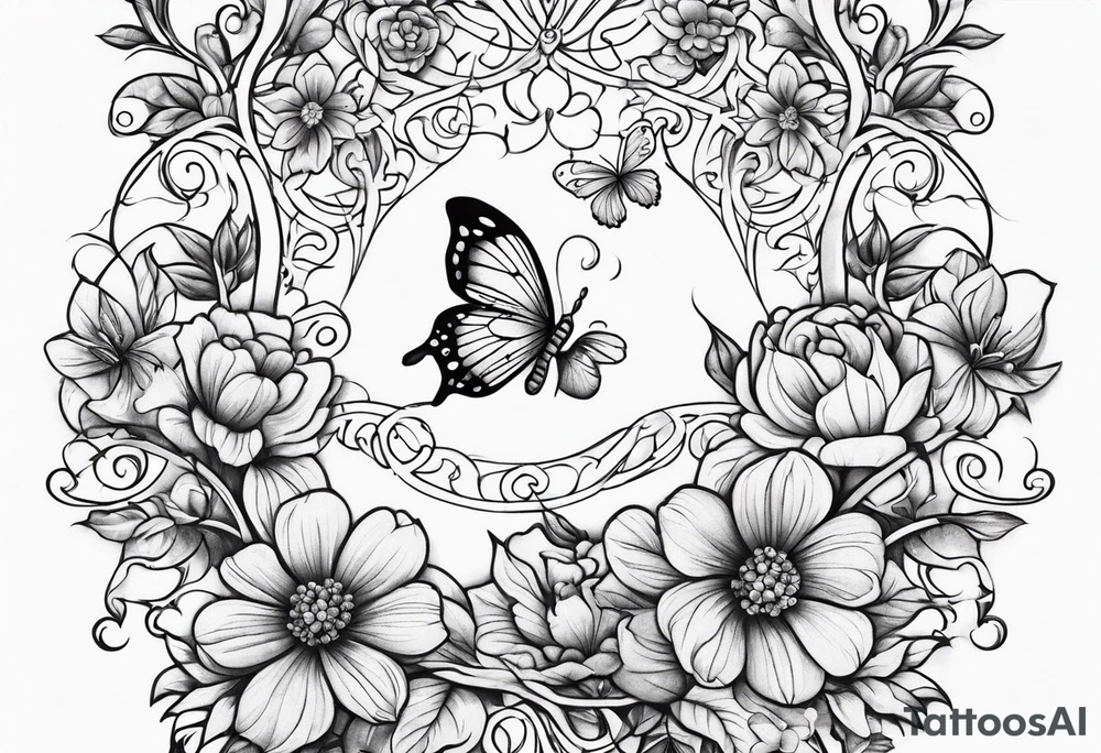 Majestic vine with flowers and butterflies tattoo idea