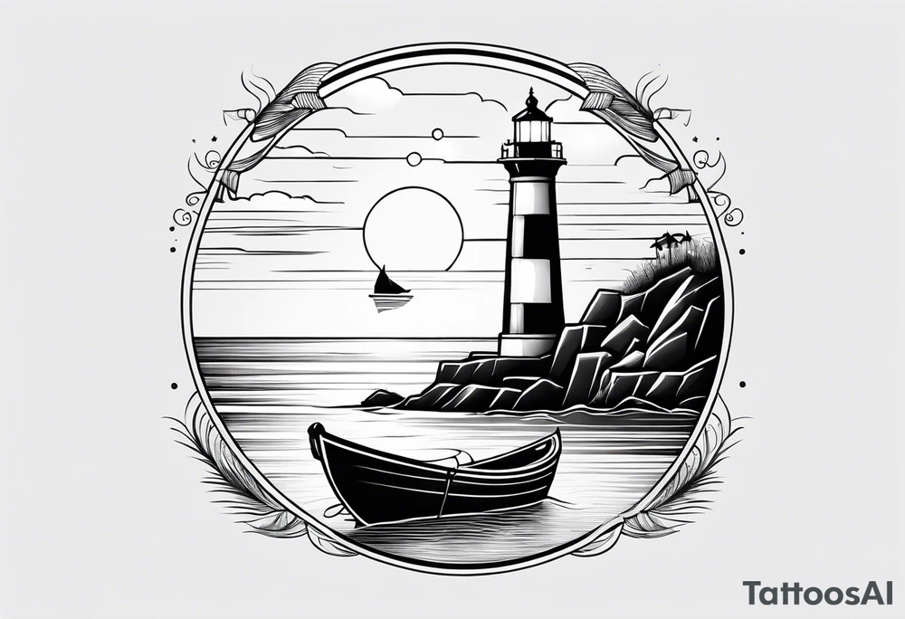 lighthouse  with a beach and sun and small boat tattoo idea