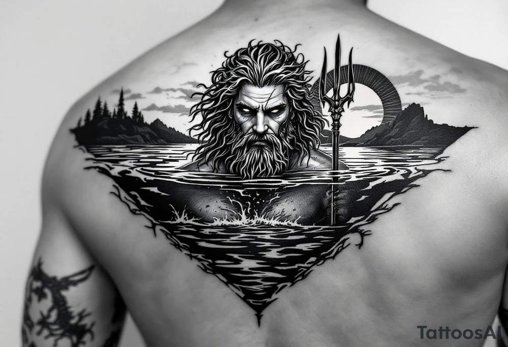 Poseidon half way under calm water with trident at sunset tattoo idea
