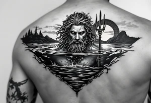 Poseidon half way under calm water with trident at sunset tattoo idea