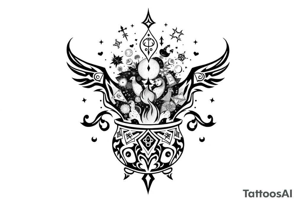 Milky way galaxy filled with zodiac symbols runes tarot cards coming out of a cauldron tattoo idea