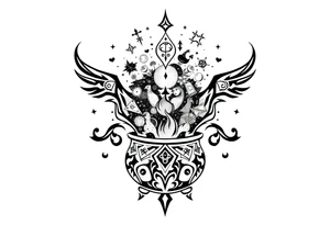 Milky way galaxy filled with zodiac symbols runes tarot cards coming out of a cauldron tattoo idea