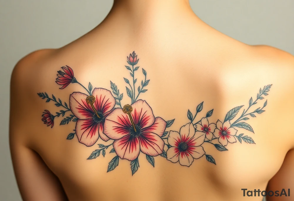 vintage bouquet of wild hibiscus
 and meadow flowers with morning dew and a fox tattoo idea