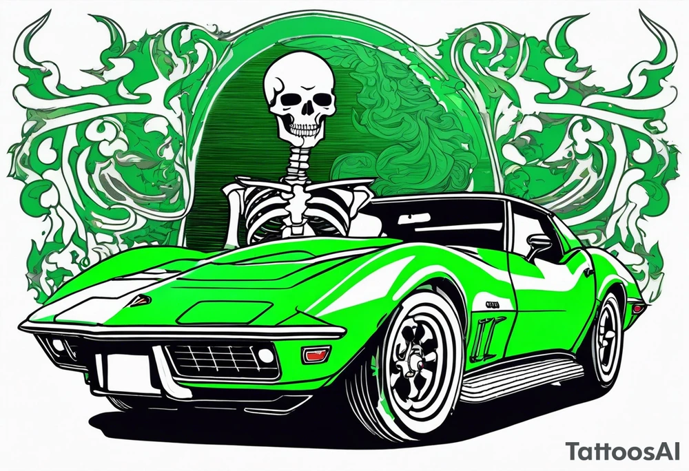 A skeleton smoking a cigarette driving a 1976 green Corvette tattoo idea