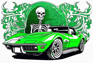 A skeleton smoking a cigarette driving a 1976 green Corvette tattoo idea