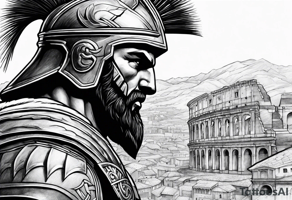 Side profile of spartan soilder looking at Roman city tattoo idea