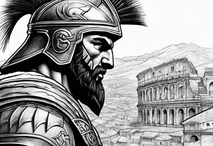 Side profile of spartan soilder looking at Roman city tattoo idea