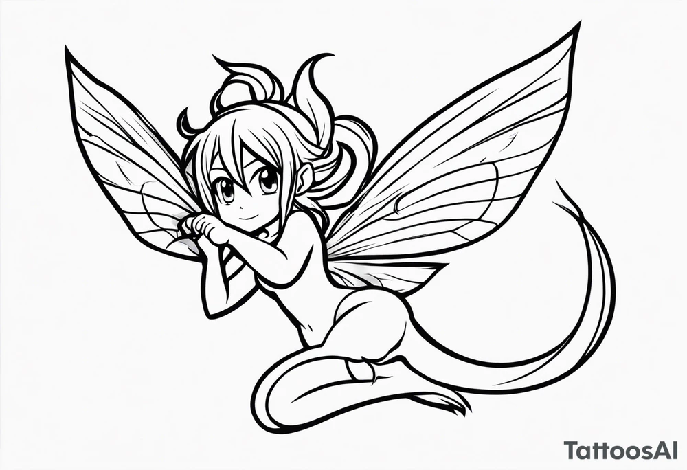 No color fairy with a tail inspired by the logo of the anime show called Fairy Tail in a fetal position leaning in and forward in the air flying tattoo idea