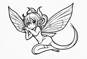 No color fairy with a tail inspired by the logo of the anime show called Fairy Tail in a fetal position leaning in and forward in the air flying tattoo idea