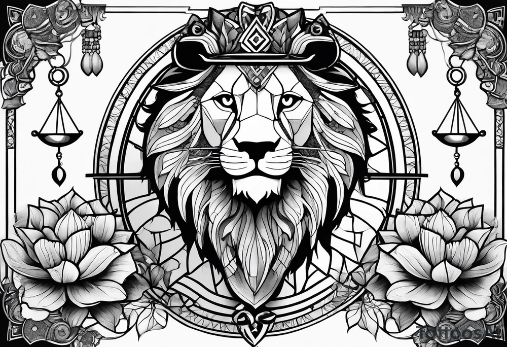 A lion, an owl, a set of balance scales, and a lotus leaf tattoo idea